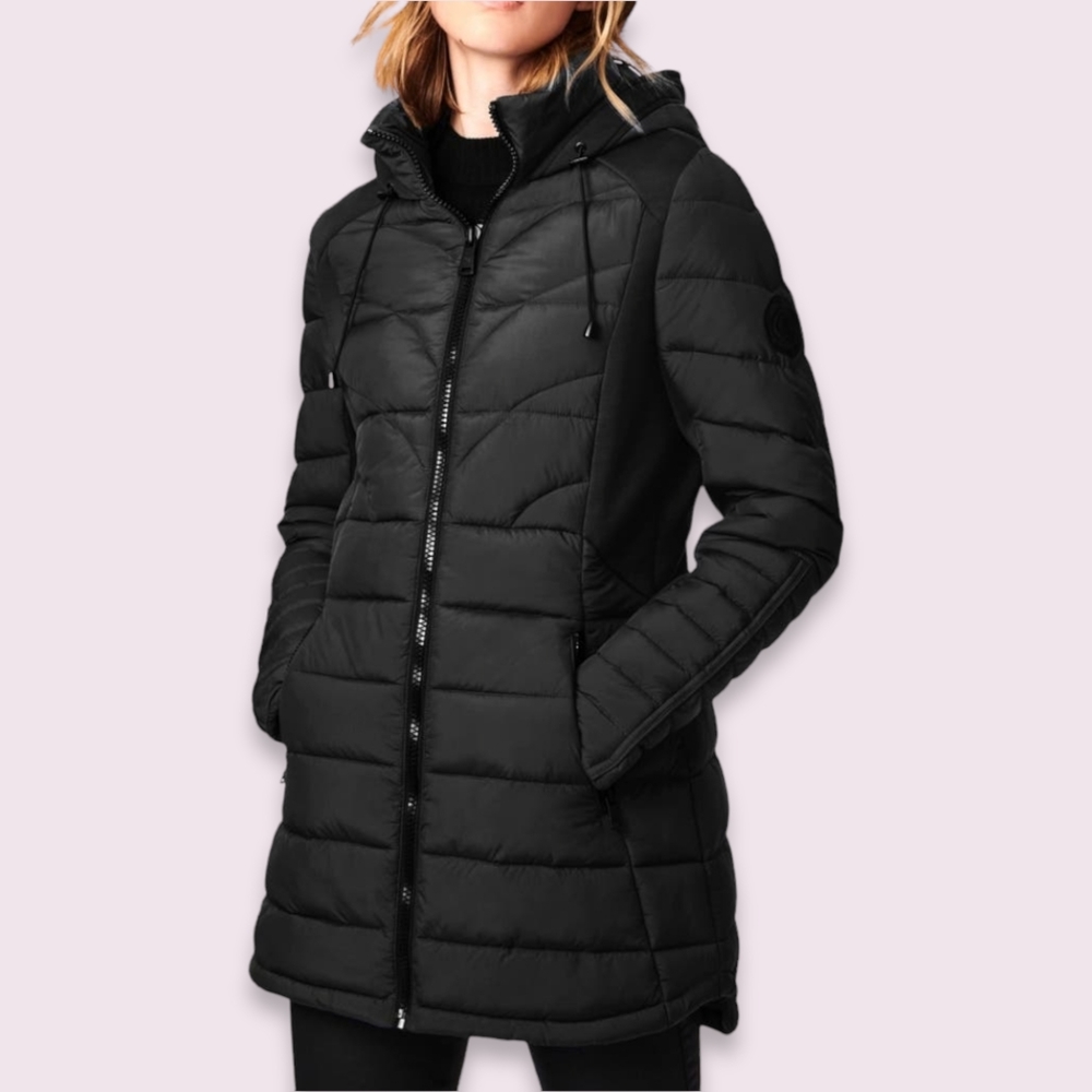 NEW Bernardo Packable EcoPlume™ Black Hooded Walker Winter Coat Size M
